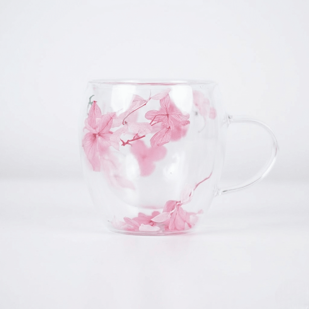 Dried Flowers Double Wall Borosilicate Glass Mug with handle - Memories Insite